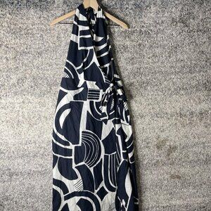 Zara Dress Womens Large Navy White The Nicole Halter Maxi Cotton Abstract Print